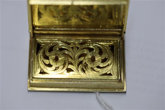 A Victorian silver gilt vinaigrette, modelled as a book, by Rawlings & Summers,